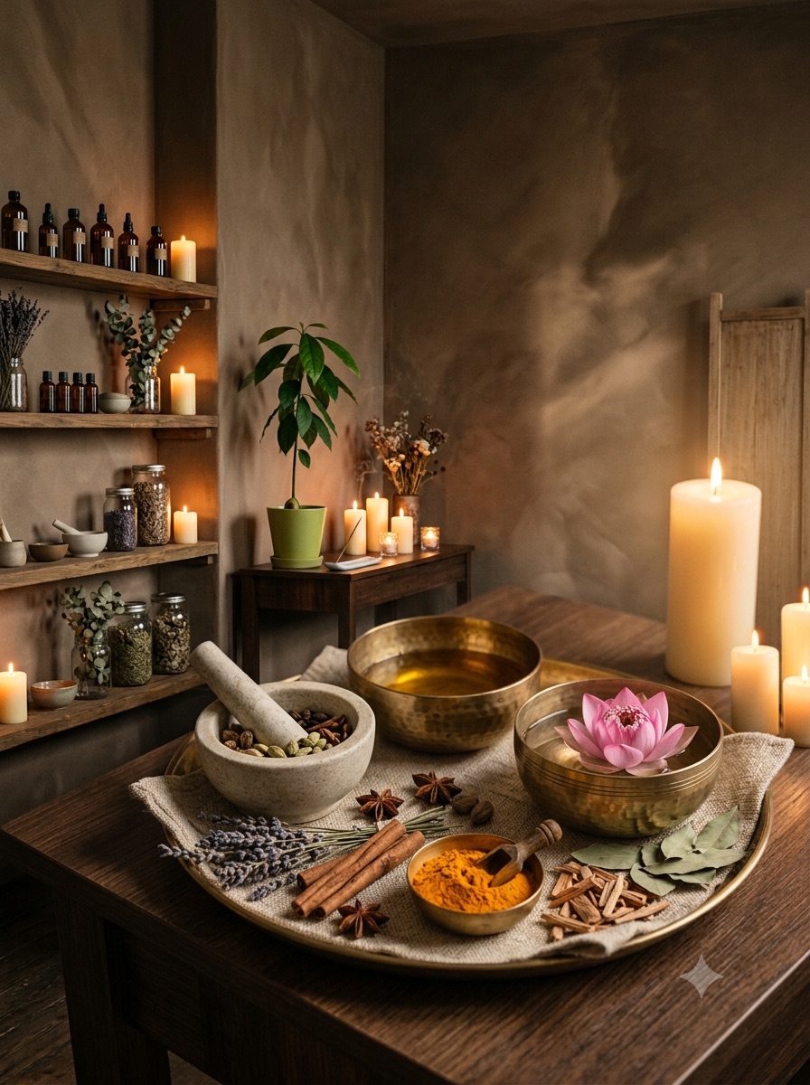 Ayurvedic herbs and oils prepared for treatment at SOMA