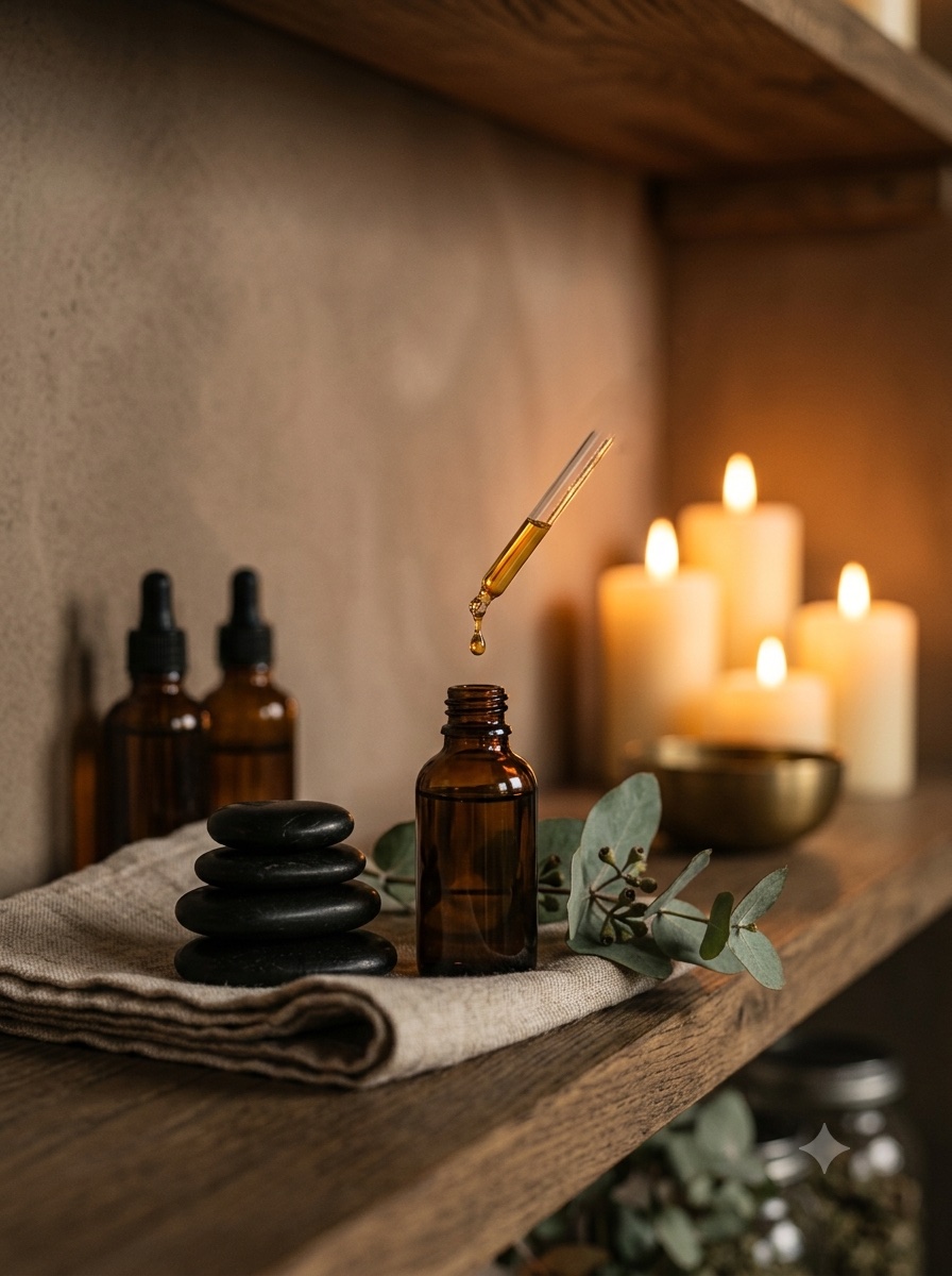 Warm herbal massage oil in amber bottles at SOMA Healing Spa